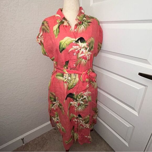 Tommy Bahama Tropical Floral Print Button Down Belted Linen Midi Dress - Picture 1 of 12
